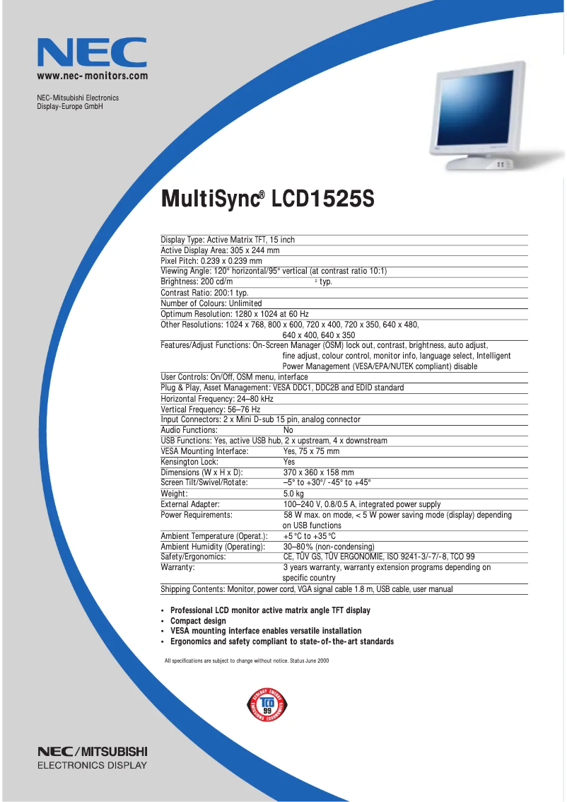 Image de la première page du manuel de l'appareil MultiSync LCD1525S