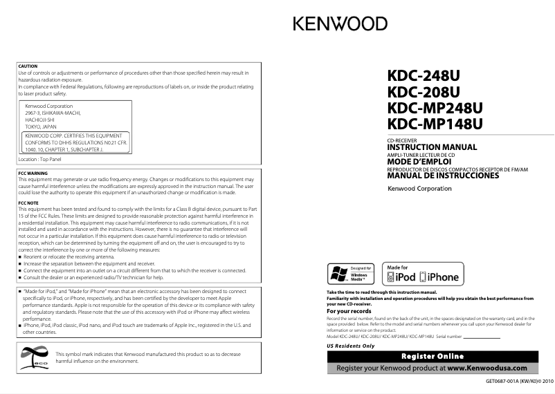 Page 1 de la notice Manuel utilisateur Kenwood KDC-248U