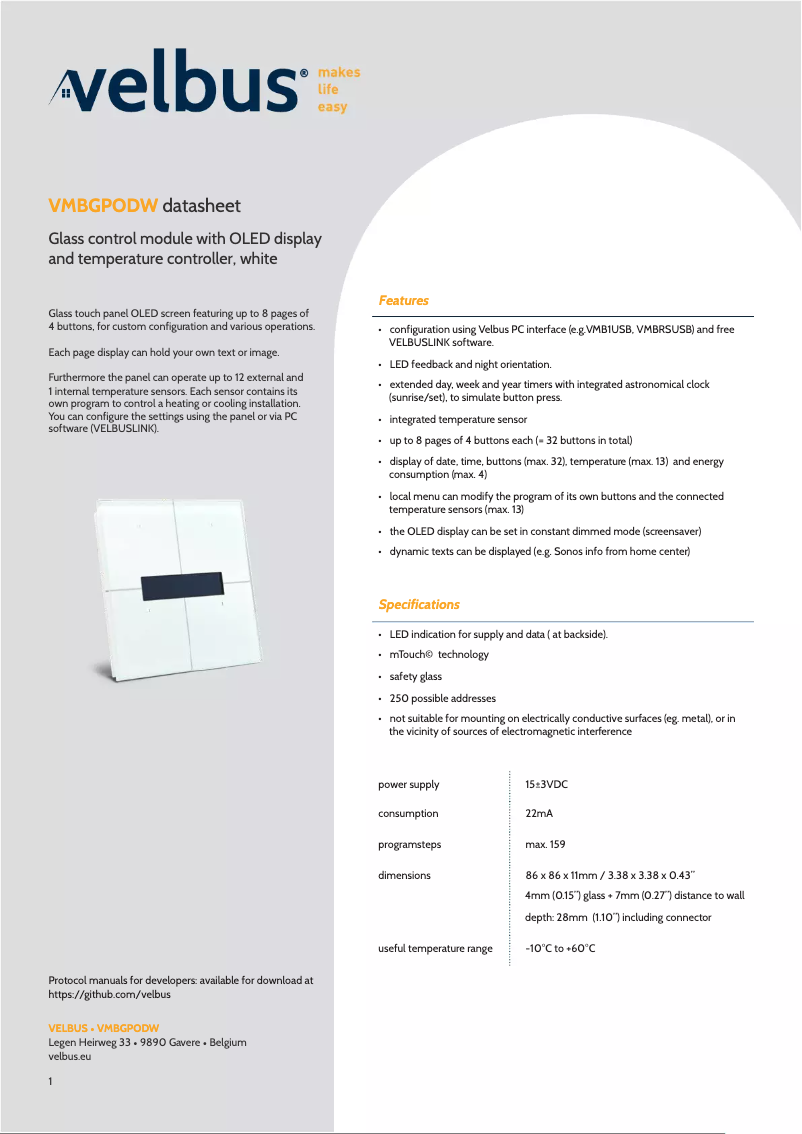 Page n°1 - Fiche technique Velbus VMBGPODW