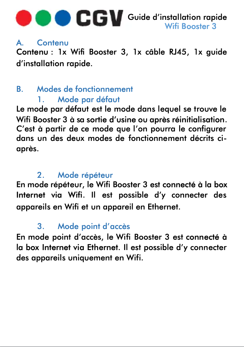Page 1 de la notice Manuel utilisateur CGV Wifi Booster 3