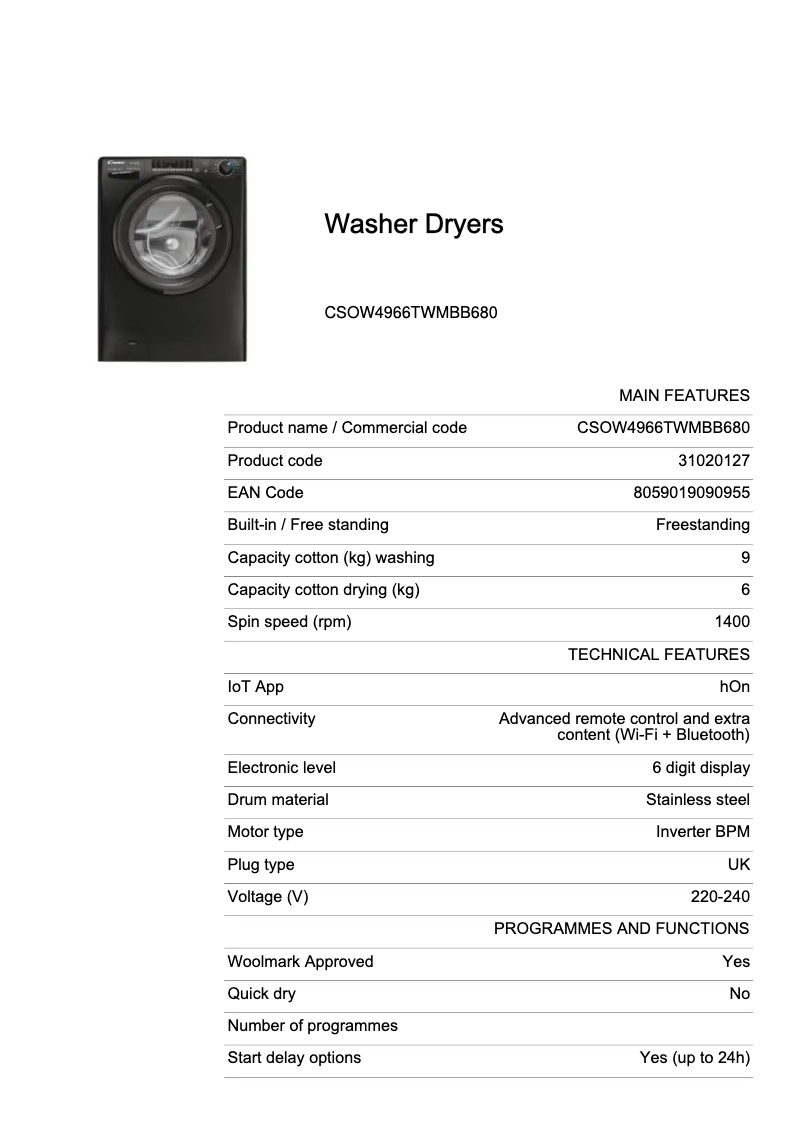 Page 1 de la notice Fiche technique Candy CSOW4966TWMBB680
