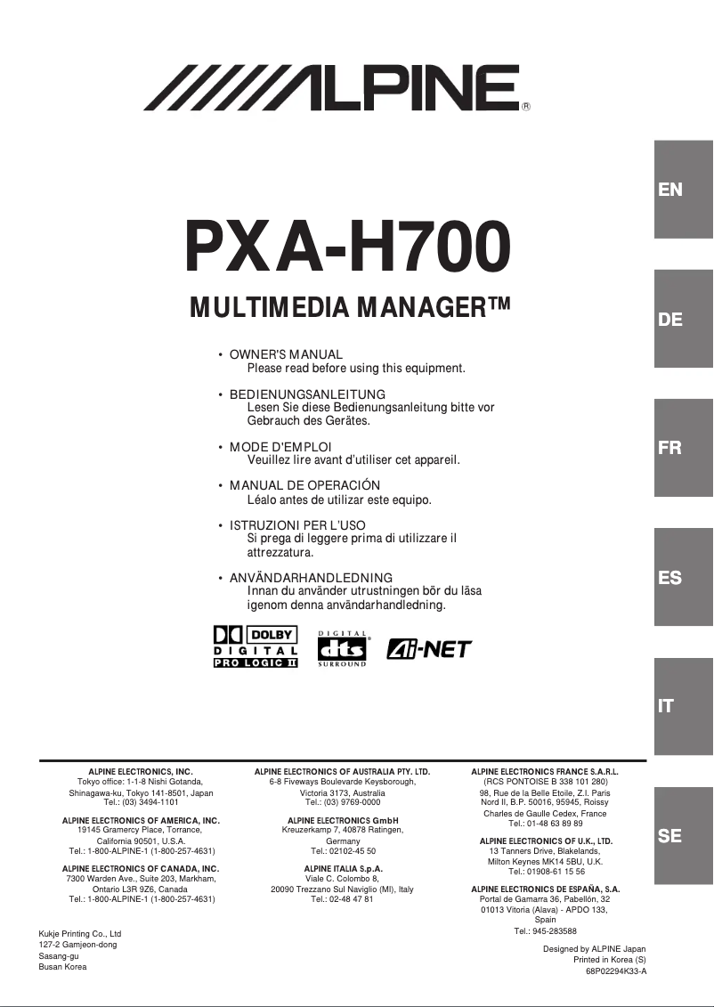 Page 1 de la notice Manuel utilisateur Alpine PXA-H700