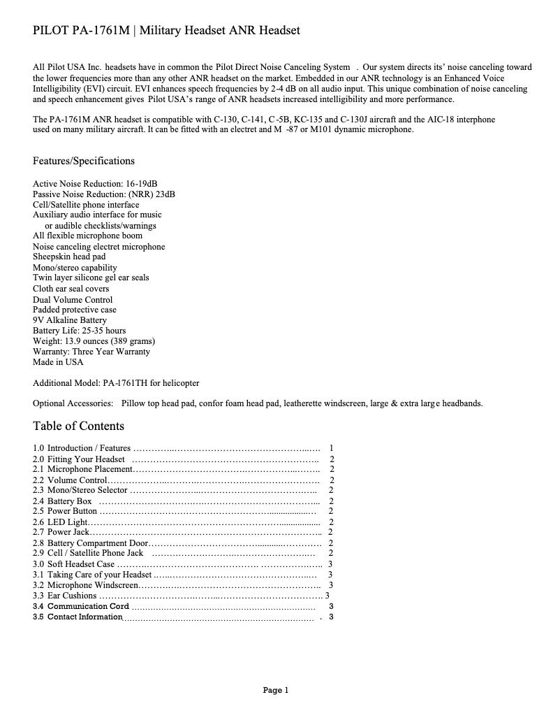 Page n°1 - Manuel utilisateur Pilot PA-1761M
