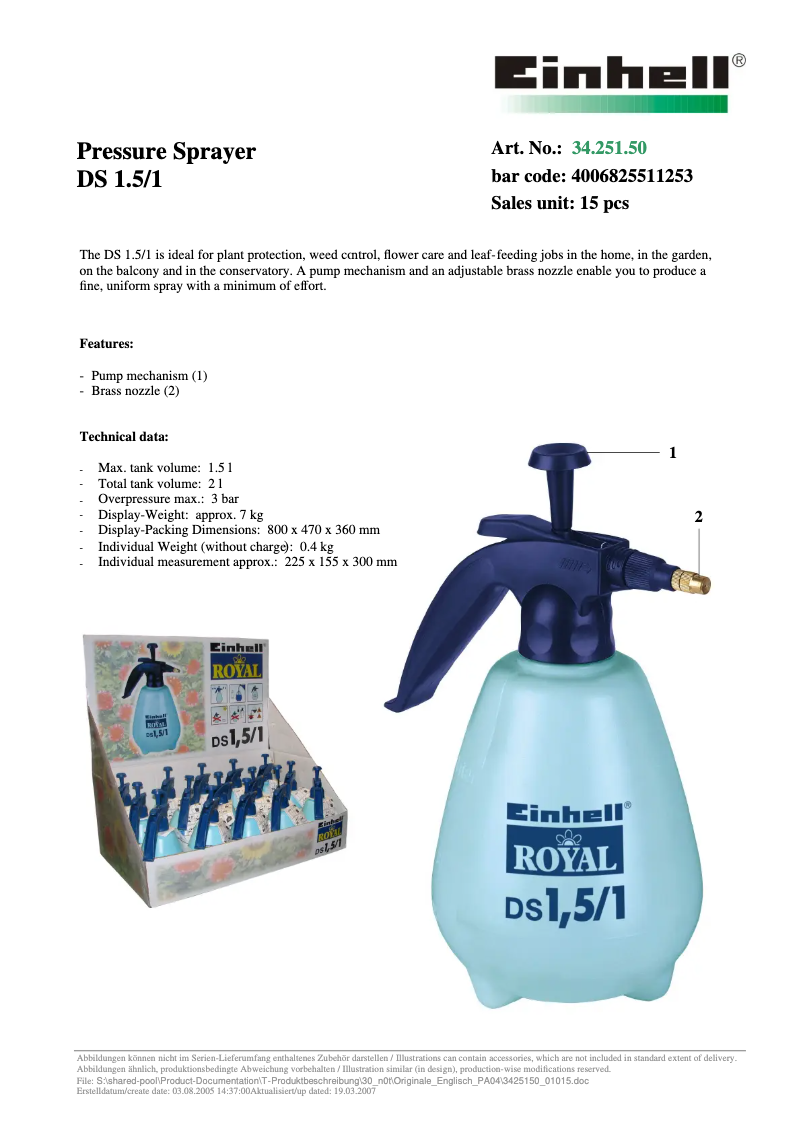 Page 1 de la notice Manuel utilisateur Einhell DS 1,5/1