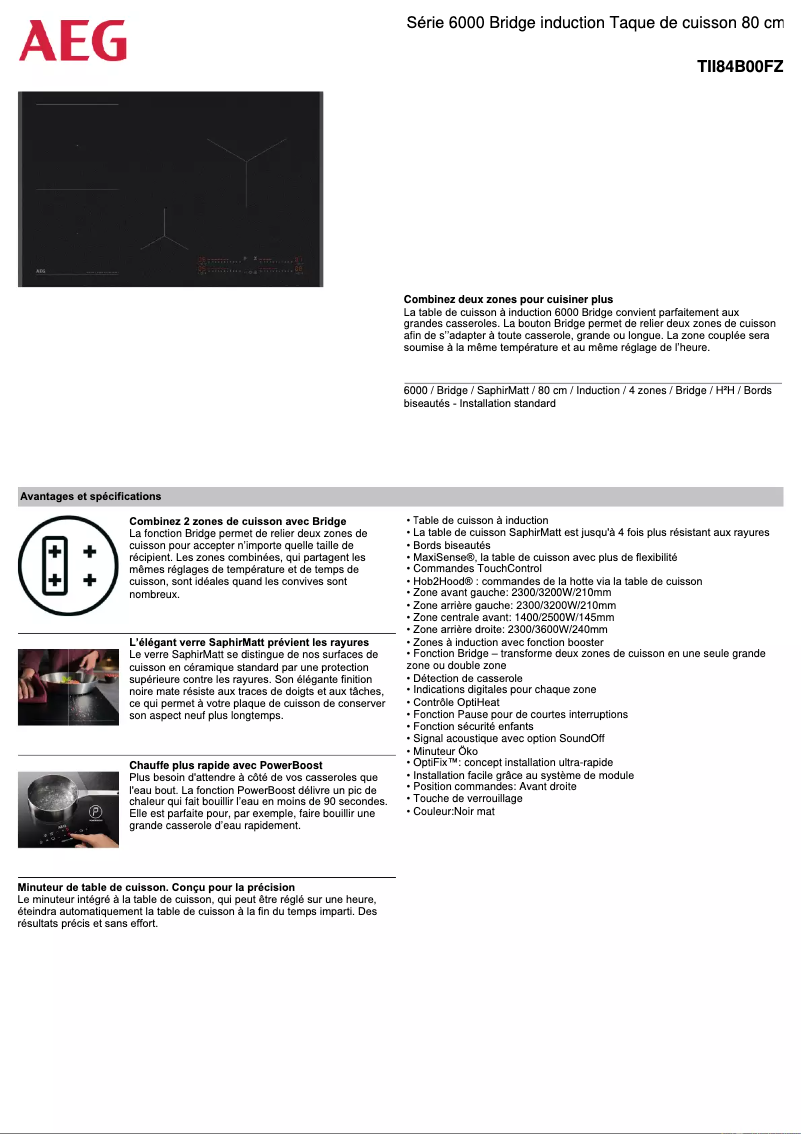 Page 1 de la notice Fiche technique AEG TII84B00FZ