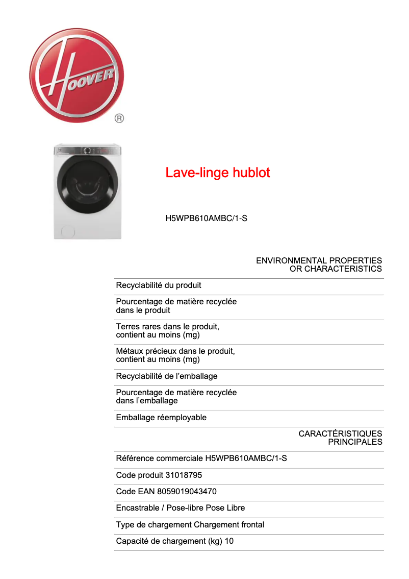 Page n°1 - Fiche technique Hoover H5WPB610AMBC/1-S