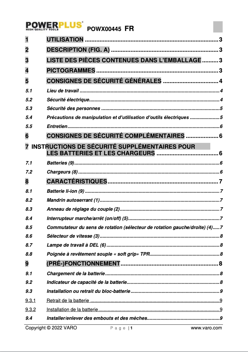 Page 1 de la notice Manuel utilisateur PowerPlus POWX00445
