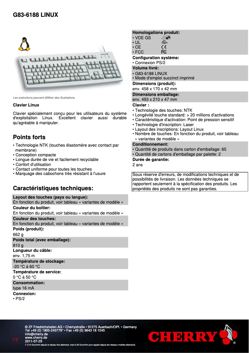 Page 1 de la notice Fiche technique Cherry G83-6188