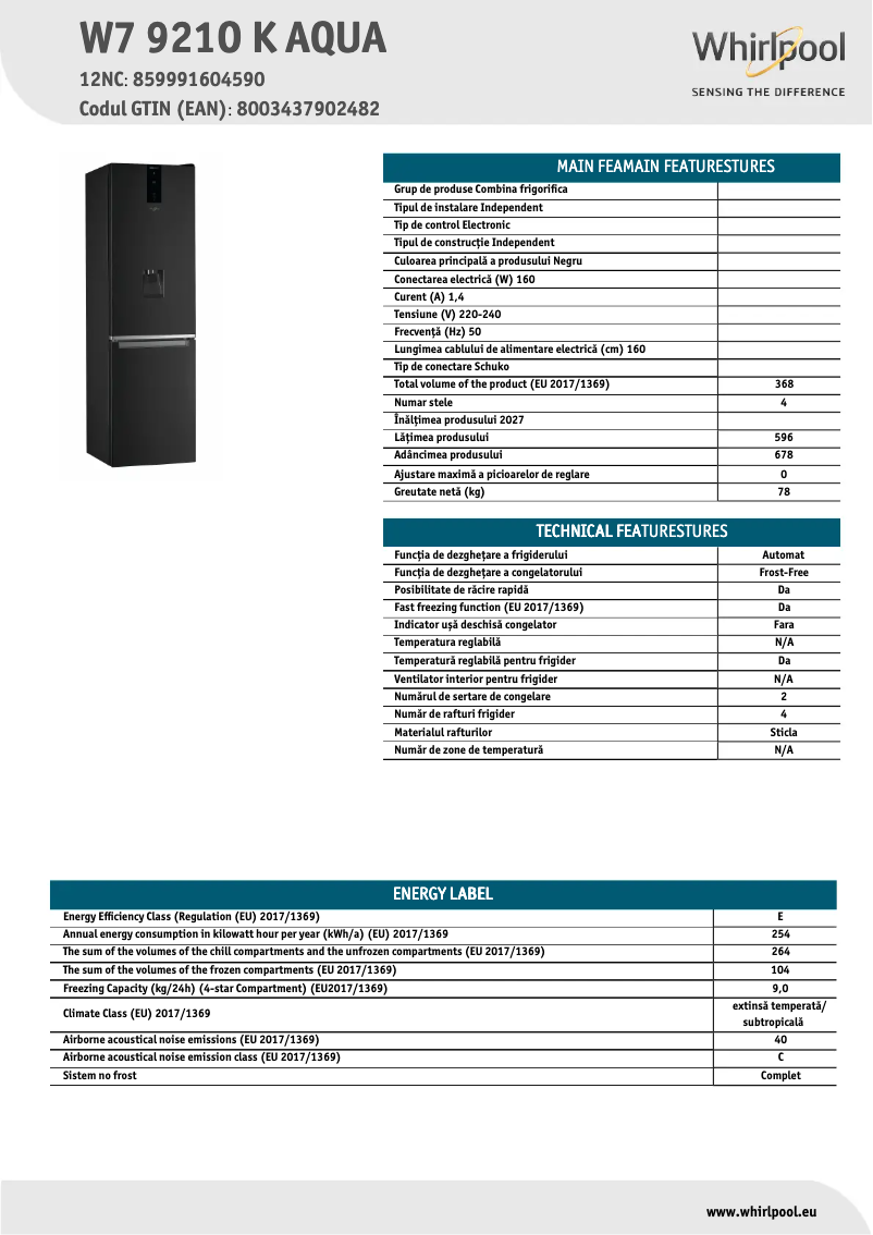 Page n°1 - Fiche technique Whirlpool W7 921O K AQUA