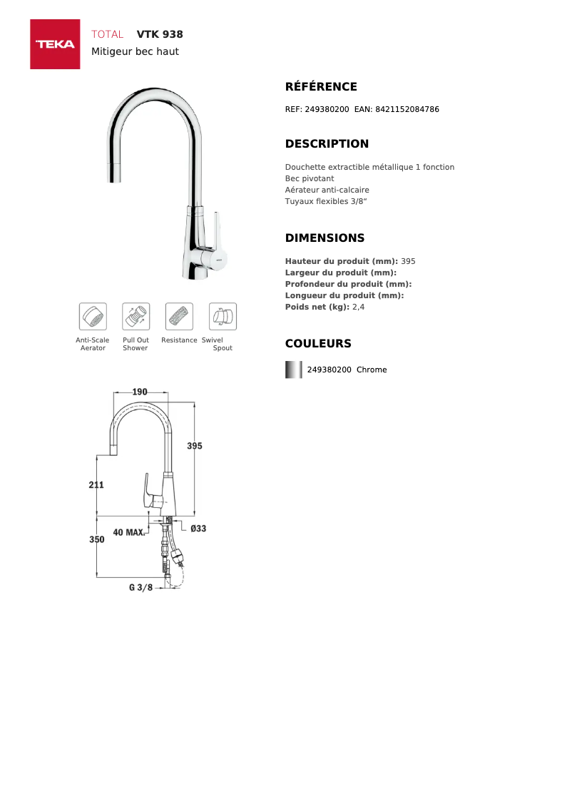 Page 1 de la notice Fiche technique Teka VTK 938