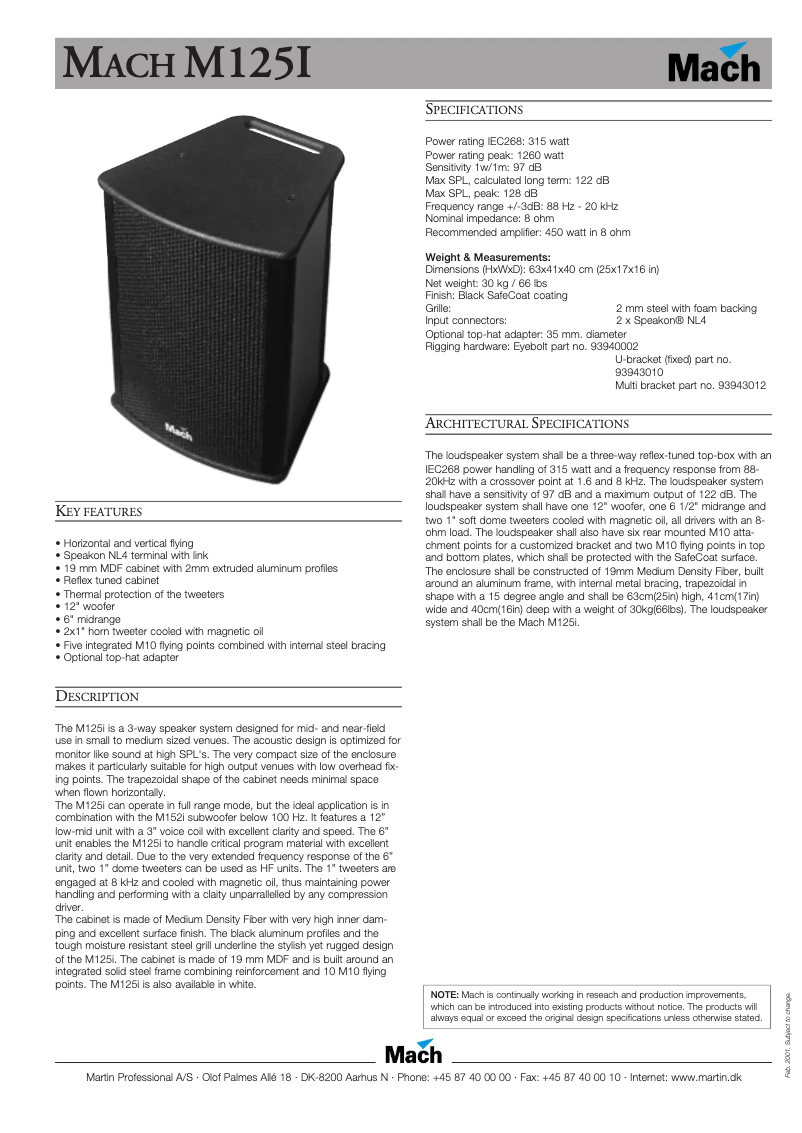 Page 1 de la notice Fiche technique Martin M125i