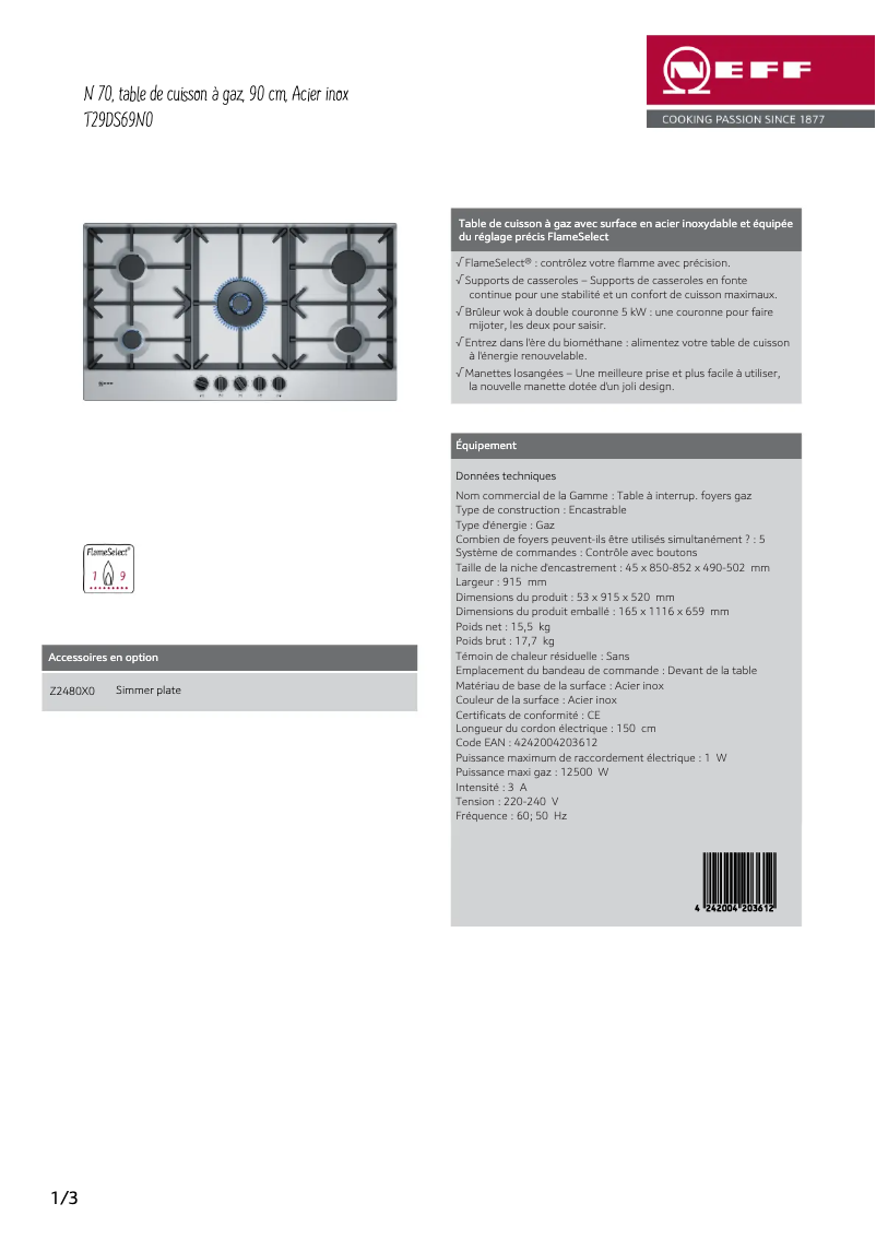 Page n°1 - Fiche technique Neff T29DS69N0