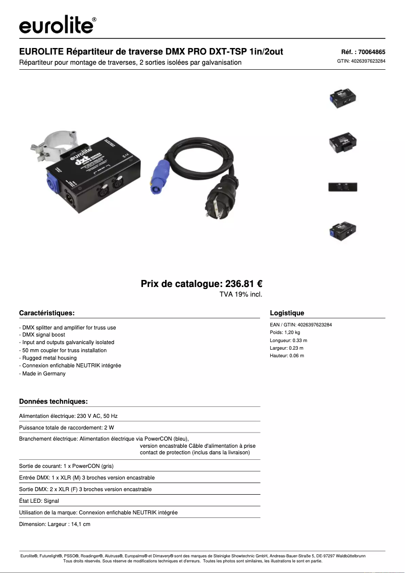 Page 1 de la notice Fiche technique Eurolite DXT-TSP PRO