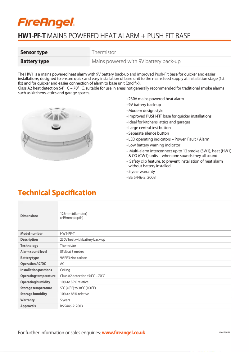 Page n°1 - Fiche technique FireAngel HW1-PF-T