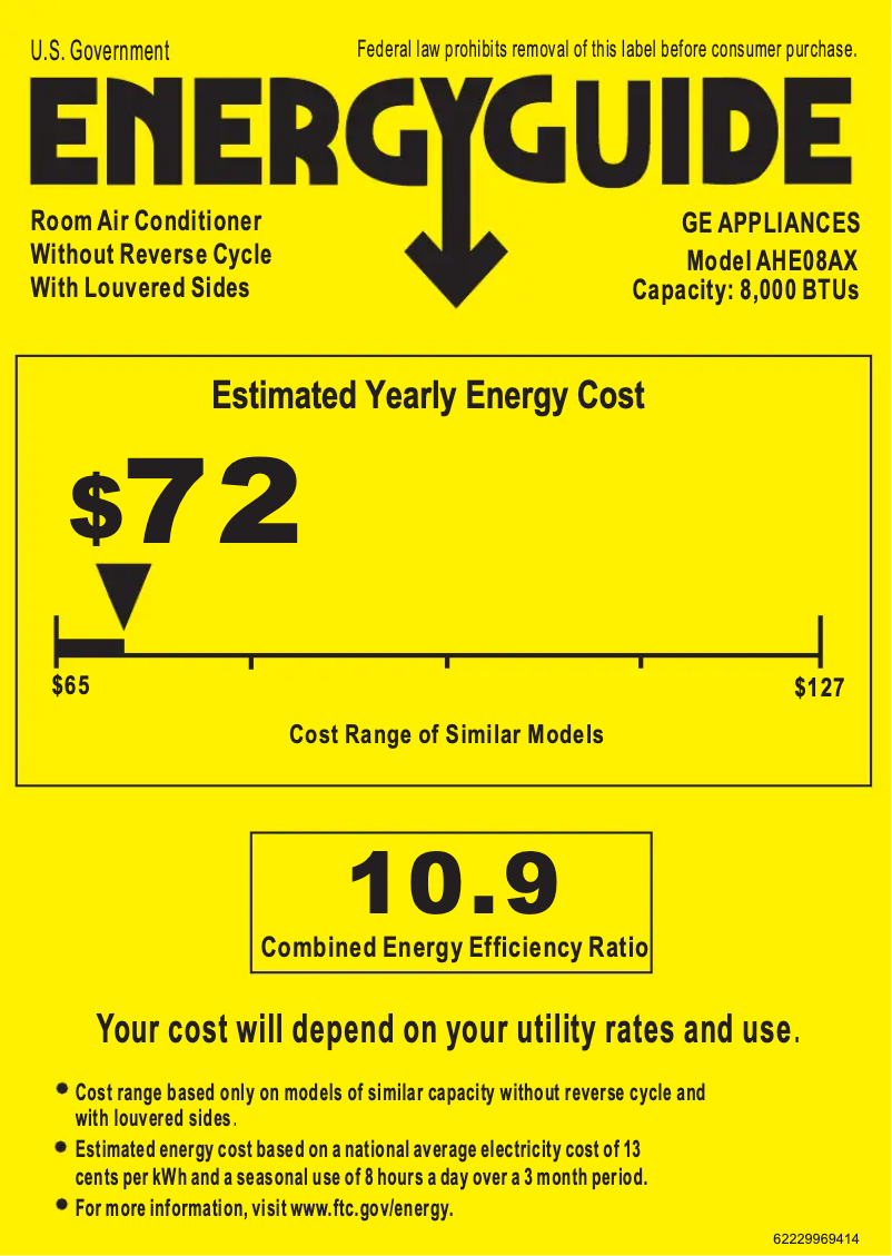 Page 1 de la notice Label énergétique GE AHE08AX