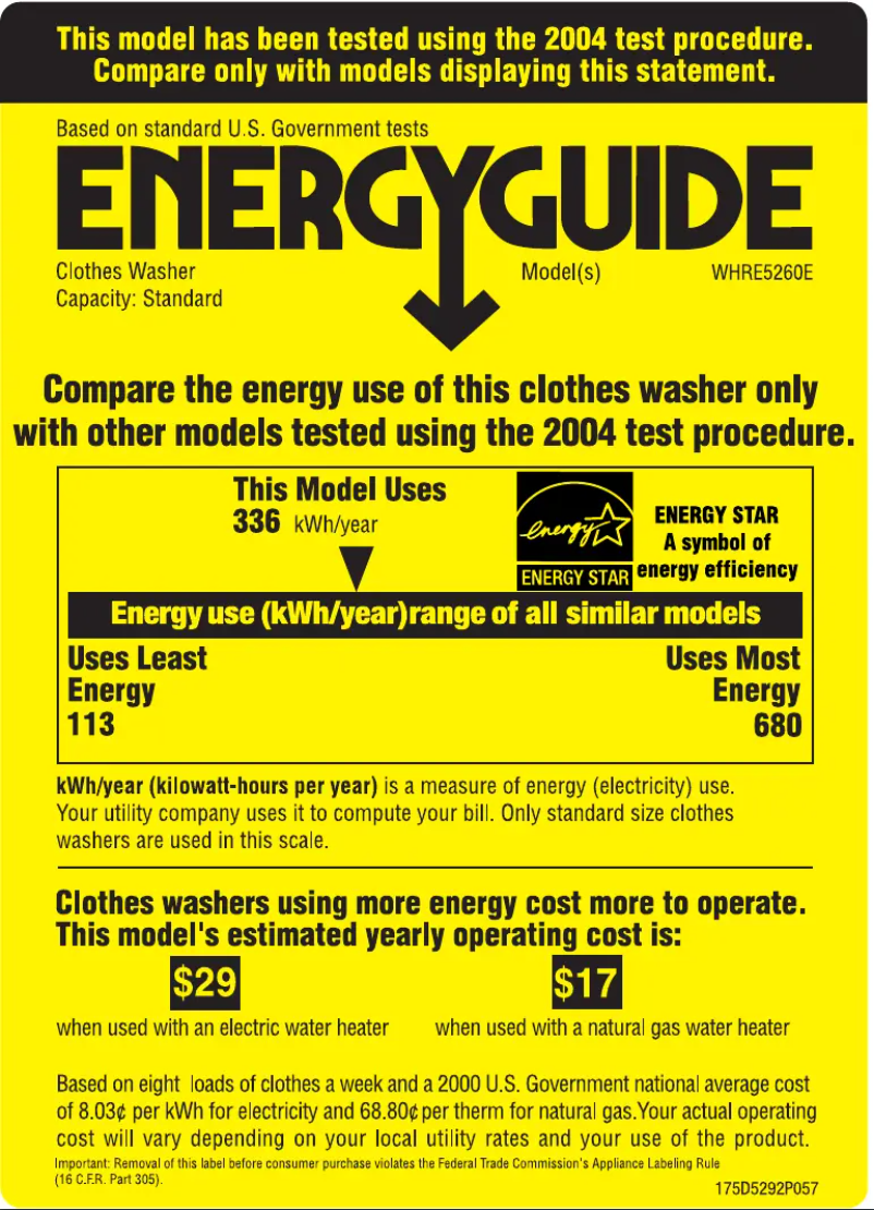 Page 1 de la notice Label énergétique GE WHRE5260ECC