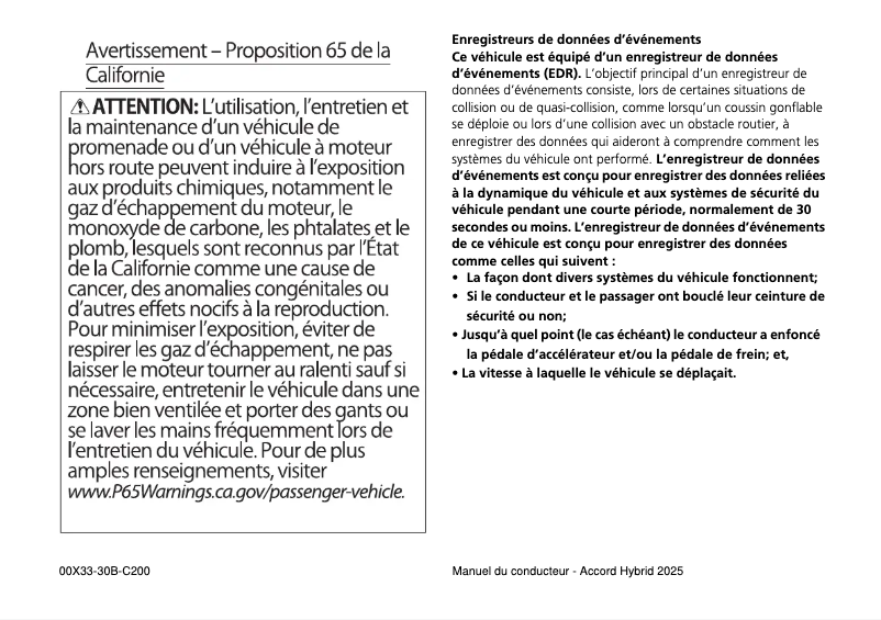 Page 1 de la notice Manuel utilisateur Honda Accord Hybrid (2025)
