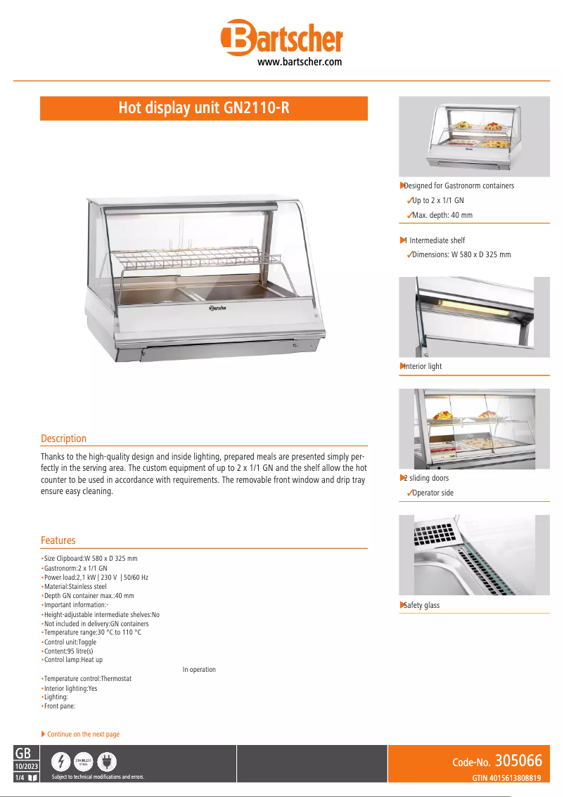 Page 1 de la notice Fiche technique Bartscher GN2110-R