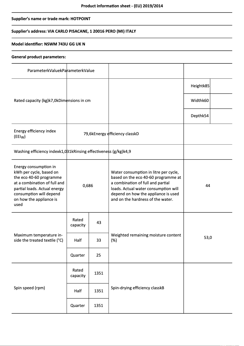 Page 1 de la notice Fiche technique Hotpoint NSWM 743U GG UK N