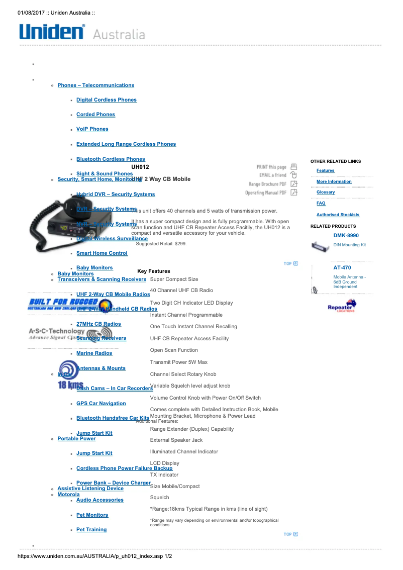 Page 1 de la notice Manuel utilisateur Uniden UH012