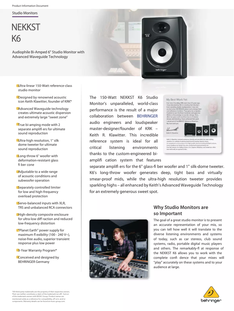 Page n°1 - Fiche technique Behringer Nekkst K6