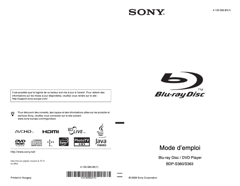 Page 1 de la notice Manuel utilisateur Sony BDP-S360