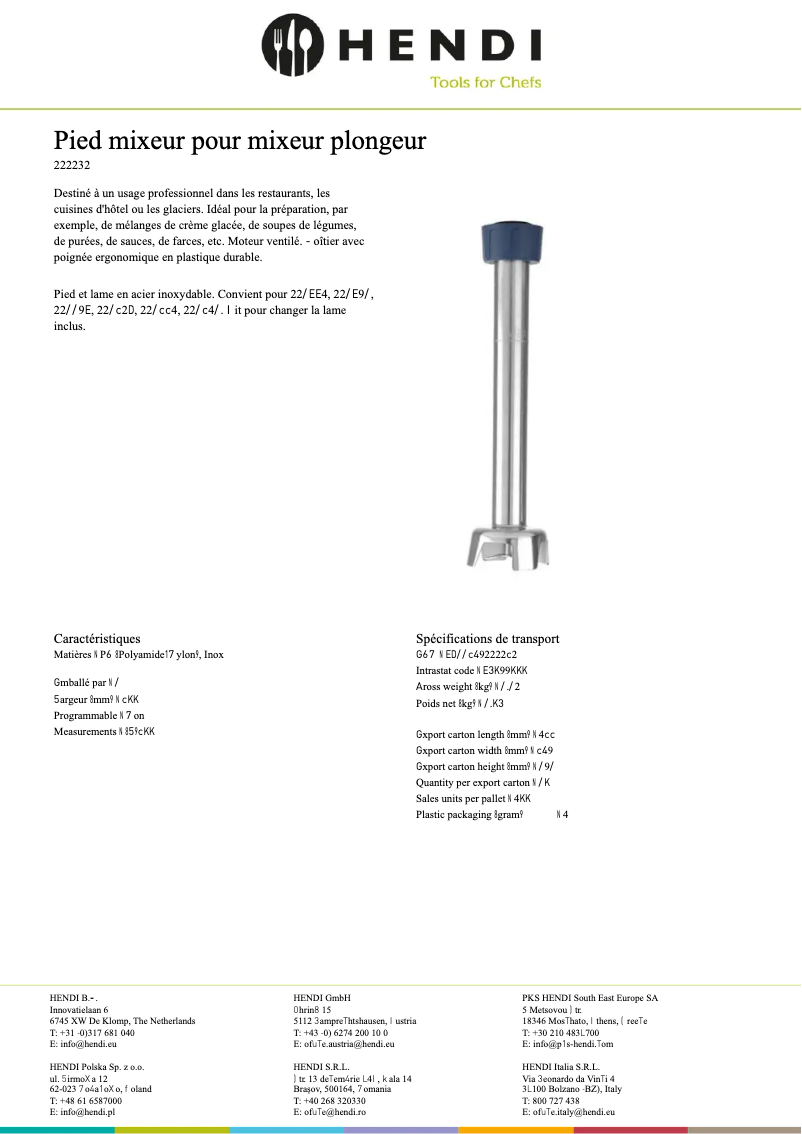 Page 1 de la notice Fiche technique Hendi 222225