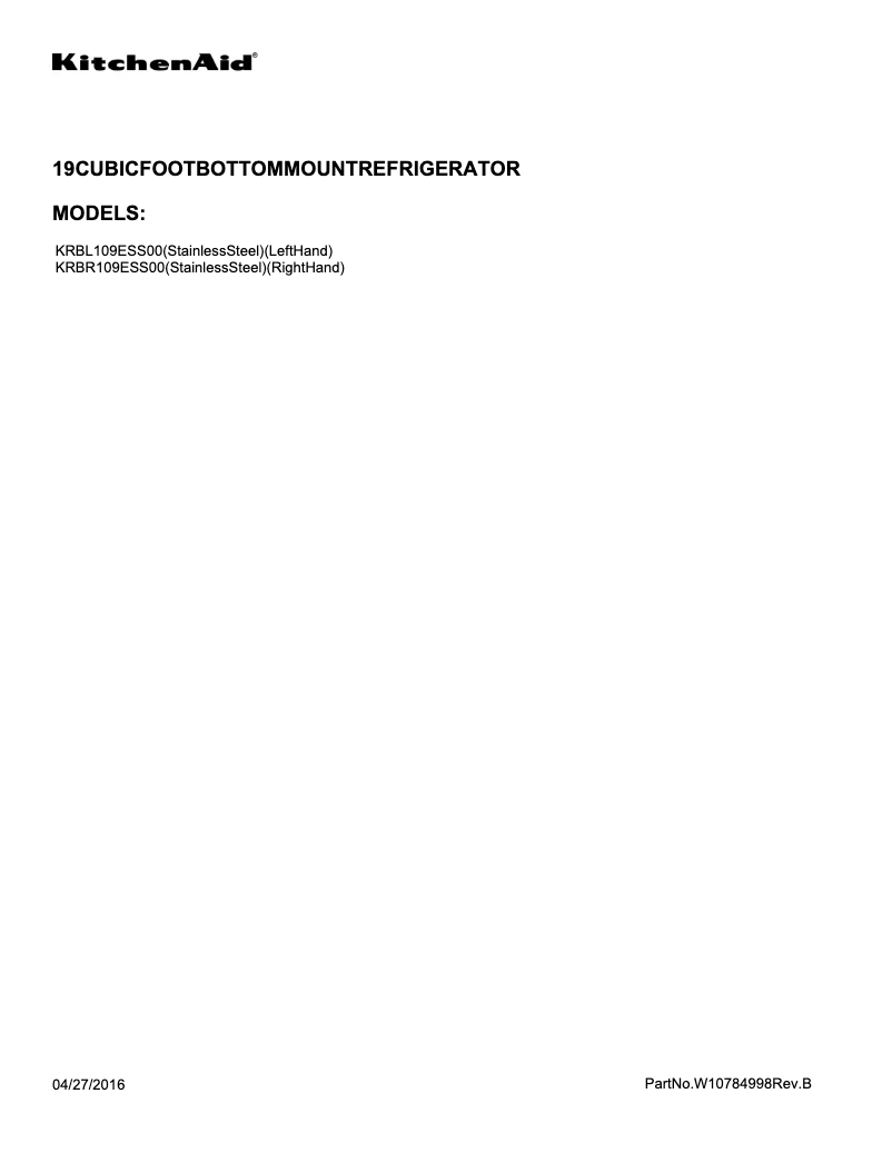 Página 1 del manual Guía de instalación KitchenAid KRBR109E