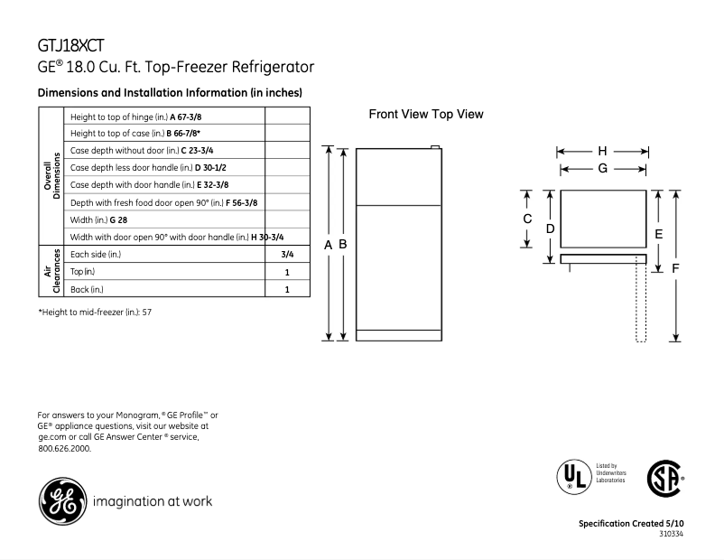 Page 1 de la notice Fiche technique GE GTJ18XCTSA