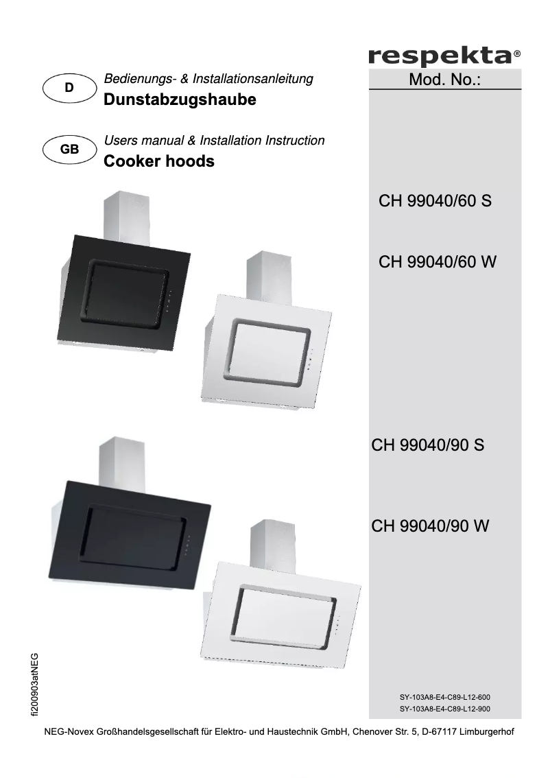 Page n°1 - Manuel utilisateur Respekta Elva CH99040-60W