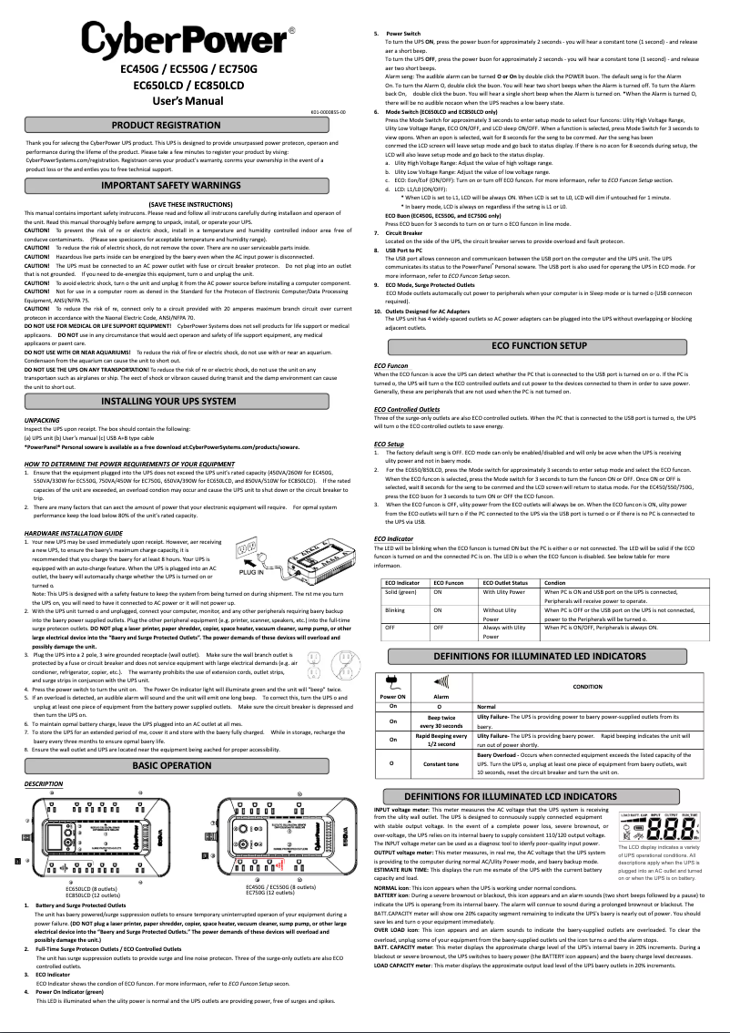 Page n°1 - Manuel utilisateur CyberPower EC650LCD
