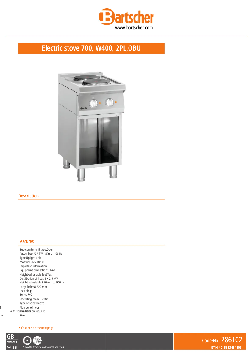 Page n°1 - Fiche technique Bartscher 286102