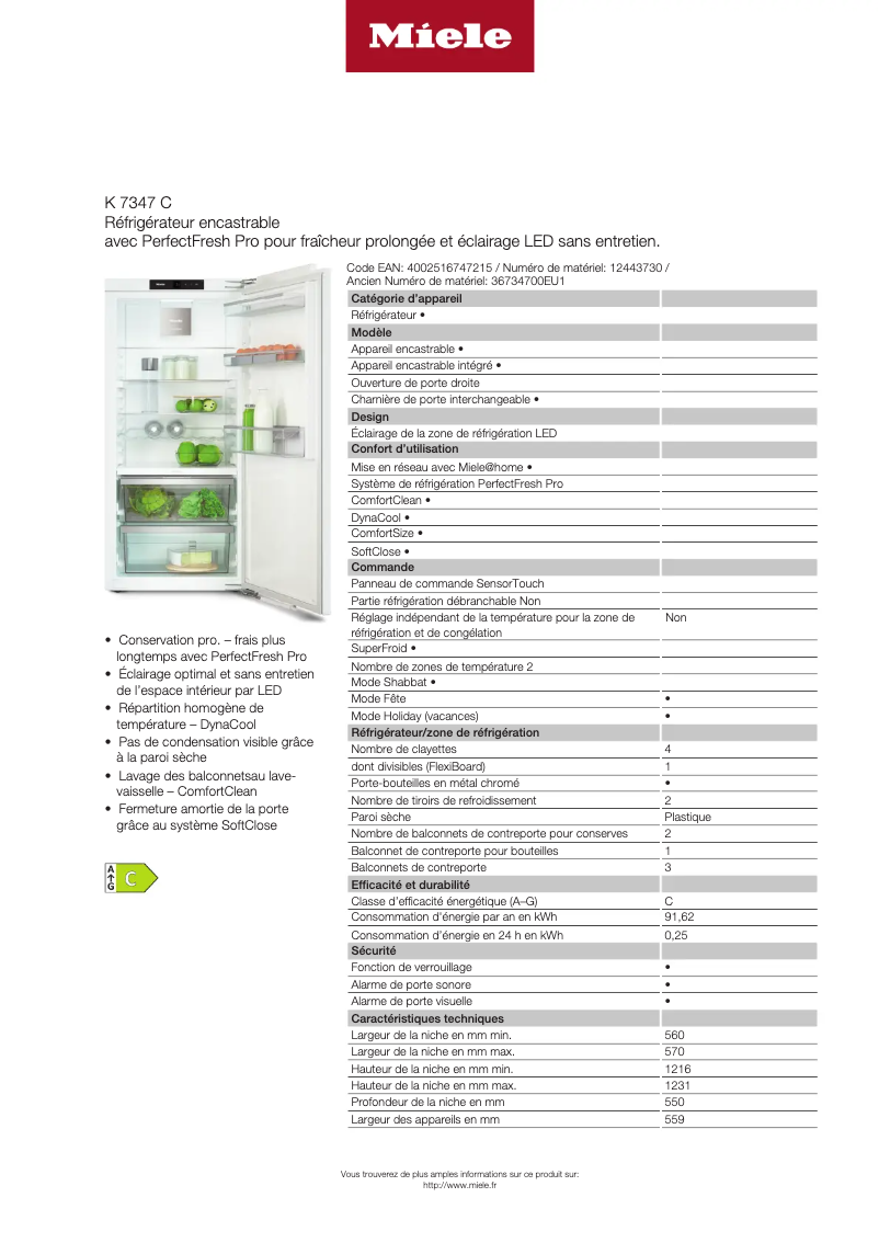 Page 1 de la notice Manuel utilisateur Miele K 7347 C