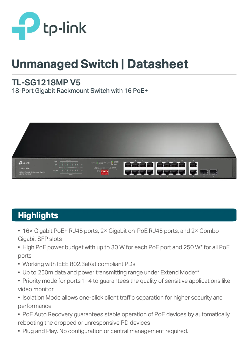 Página 1 del manual Ficha técnica TP-Link TL-SG1218MP