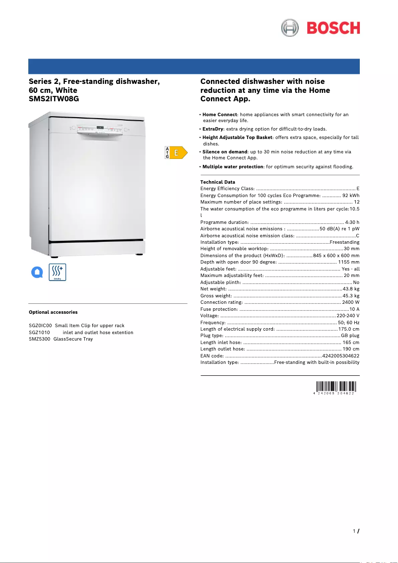 Image de la première page du manuel de l'appareil SMS2ITW08G