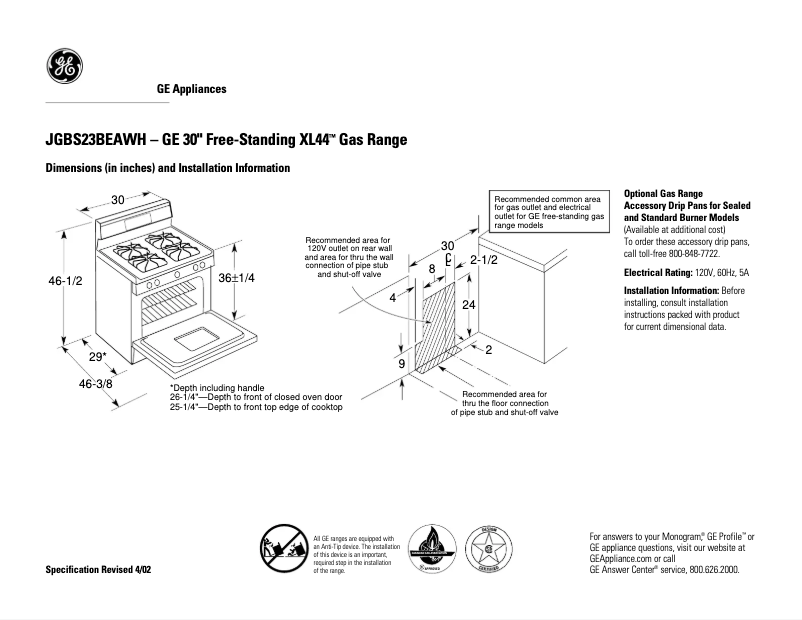 Page n°1 - Fiche technique GE JGBS23BEAWH