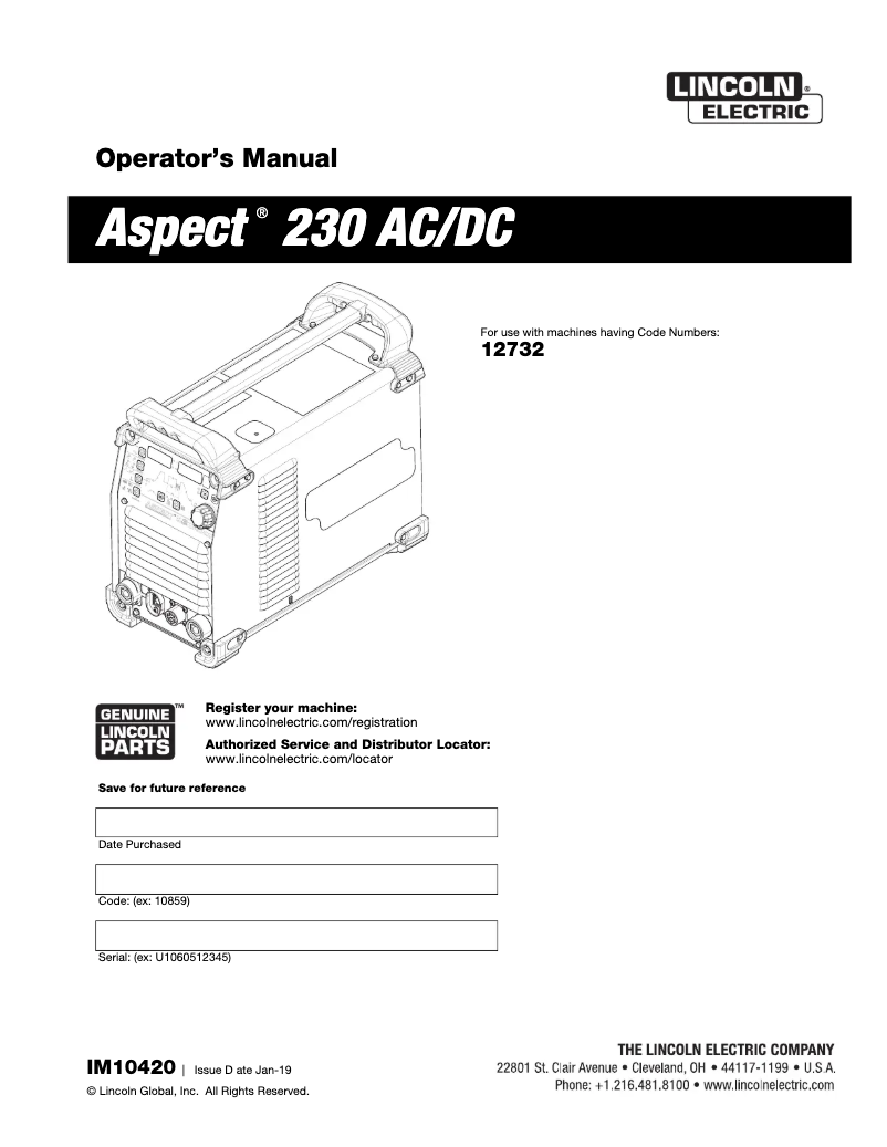 Page 1 de la notice Manuel utilisateur Lincoln Electric Aspect 230 DC