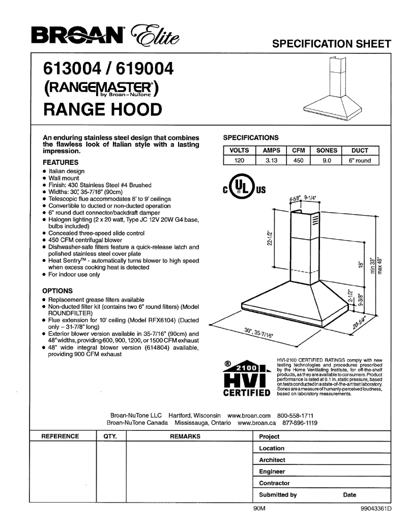 Page n°1 - Fiche technique Broan Elite 619004