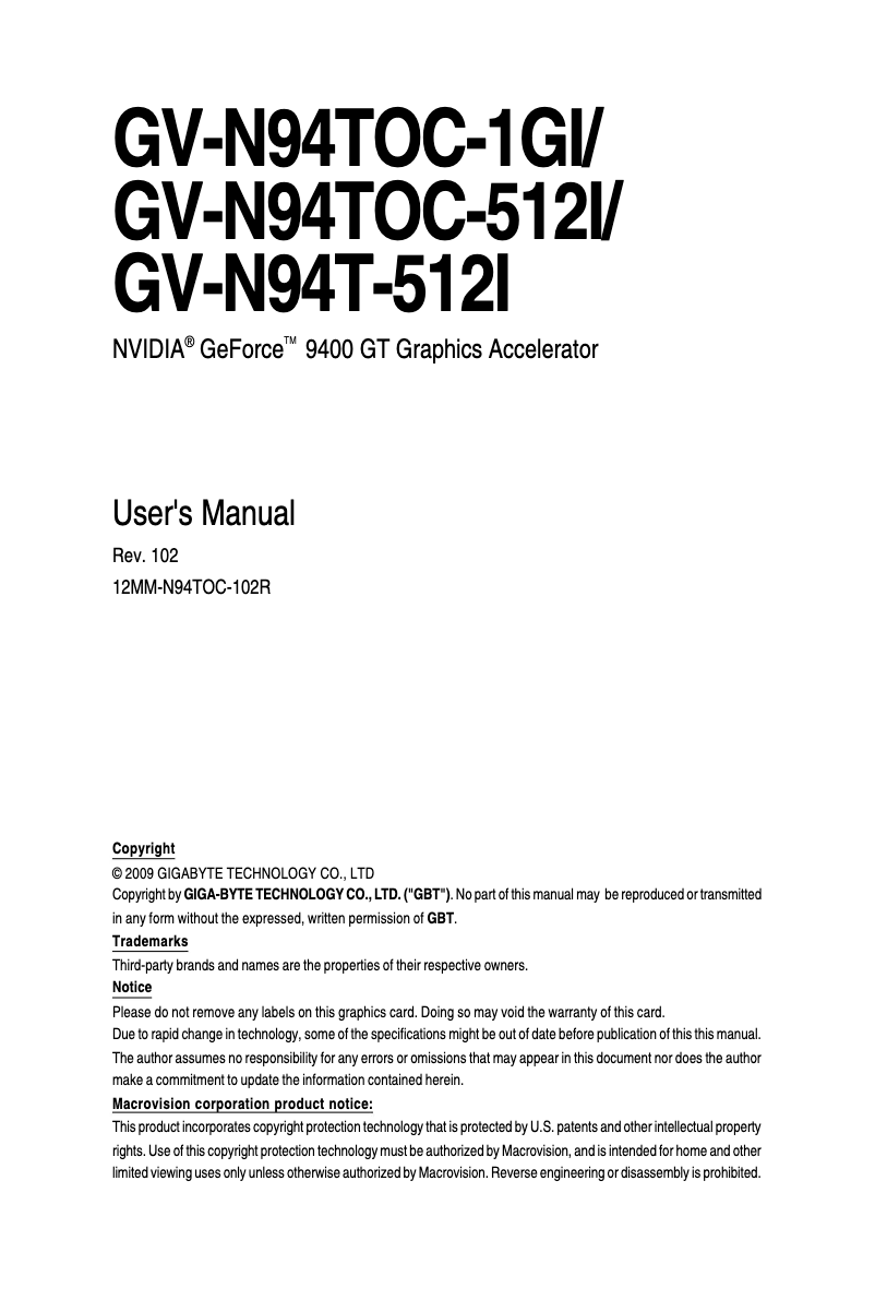 Page 1 de la notice Manuel utilisateur Gigabyte NVIDIA 9400GT
