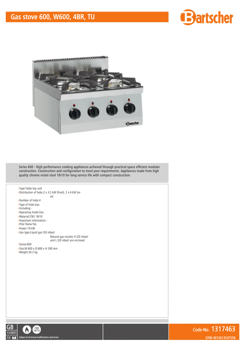 Page n°1 - Fiche technique Bartscher 1317463