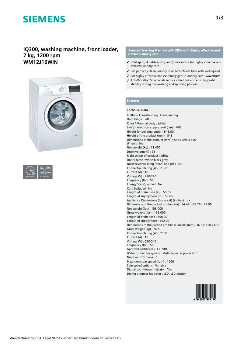 Page 1 de la notice Fiche technique Siemens WM12J16WIN