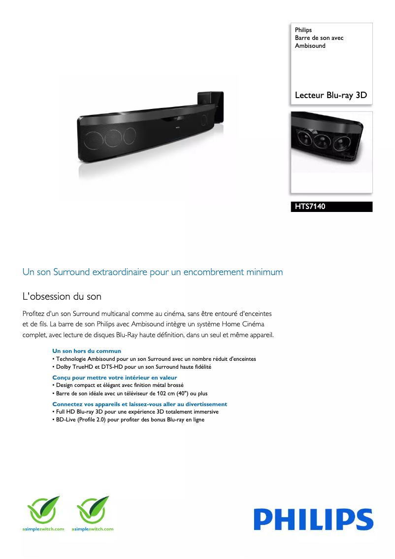 Page 1 de la notice Fiche technique Philips HTS7140