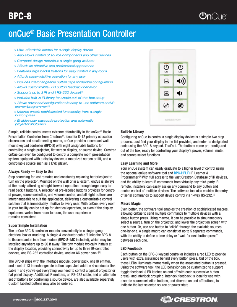 Page 1 de la notice Fiche technique Crestron BPC-8