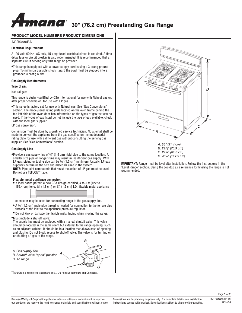 Page 1 de la notice Fiche technique Amana AGR5330BAS
