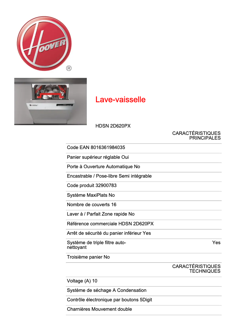 Page n°1 - Fiche technique Hoover H-DISH 500 HDSN 2D620PX