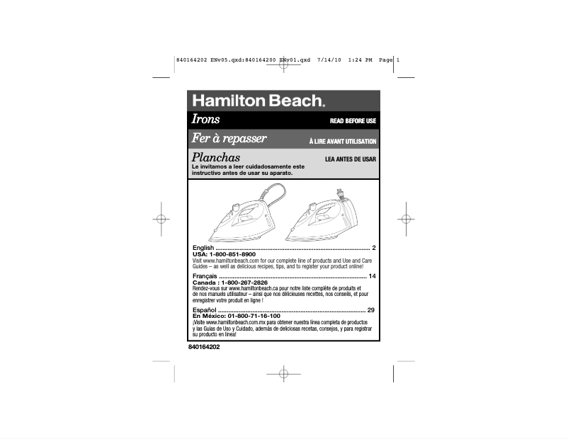 Page 1 de la notice Manuel utilisateur Hamilton Beach 14348