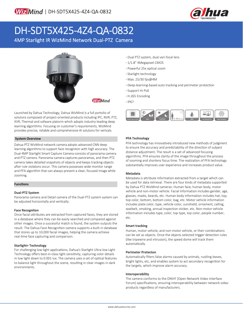Page 1 de la notice Fiche technique Dahua Technology SDT5X425-4Z4-QA-0832