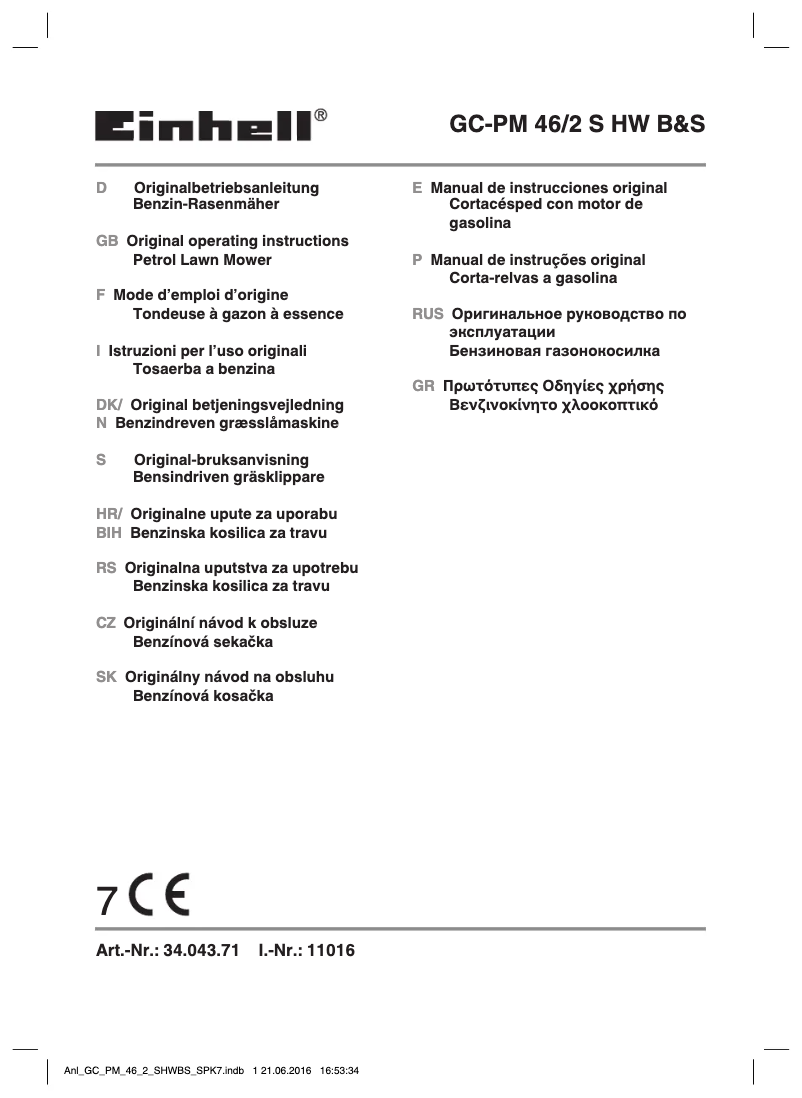 Page 1 de la notice Manuel utilisateur Einhell GC-PM 46/2 S HW B&S