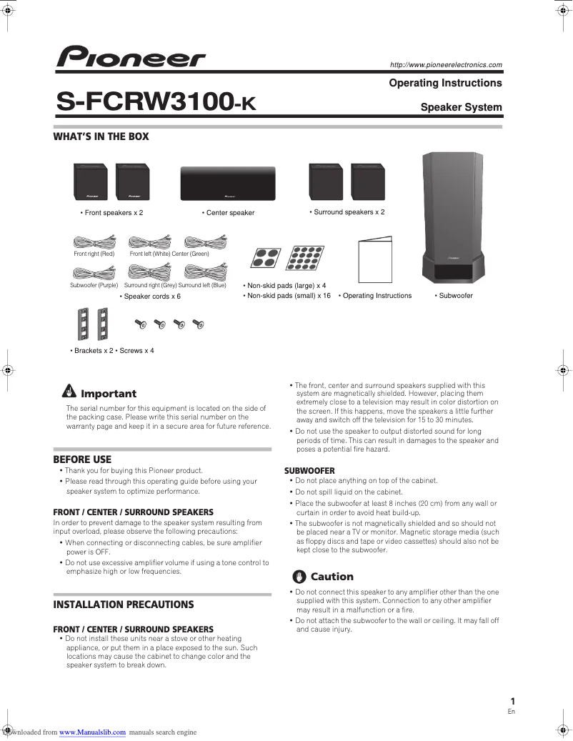 Page n°1 - Manuel utilisateur Pioneer S-FCRW3100-K