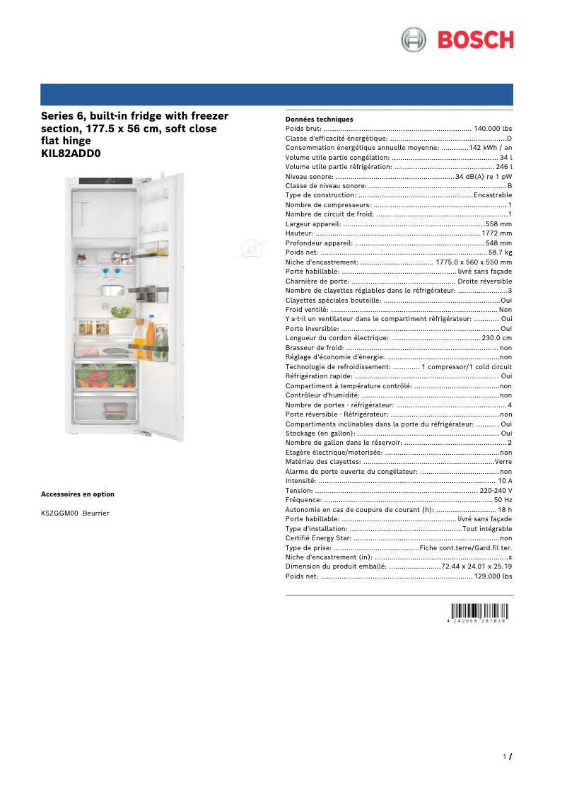 Page n°1 - Fiche technique Bosch KIL82ADD0